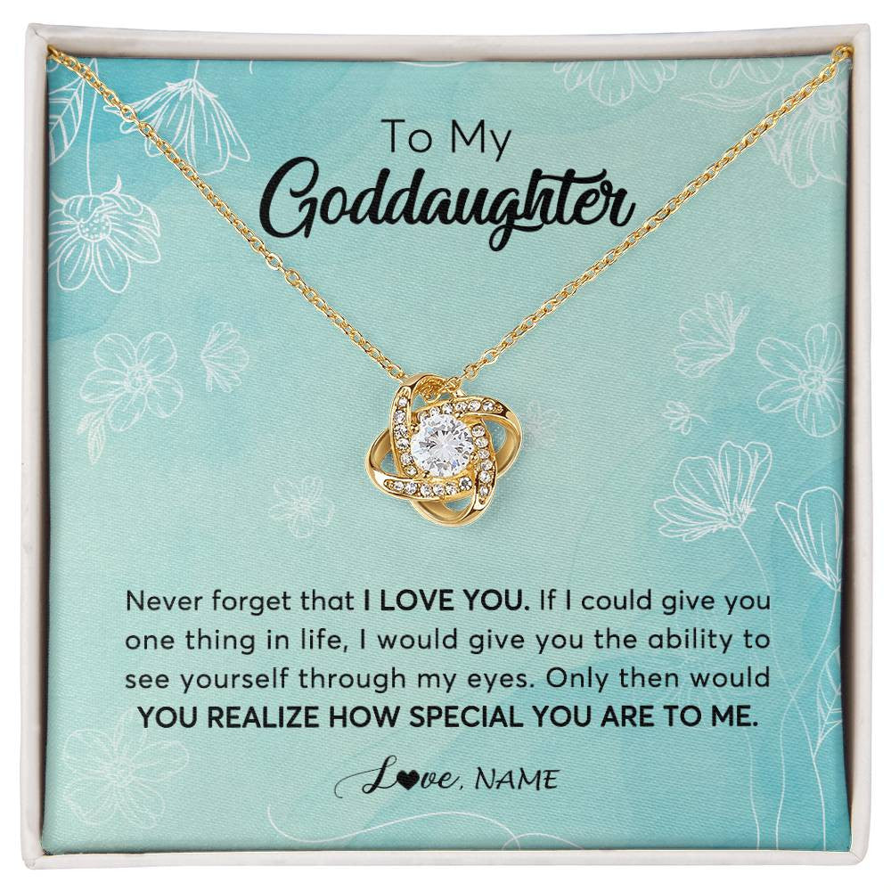 Love Knot Necklace 18K Yellow Gold Finish | Personalized To My Goddaughter Necklace From Godmother Flower Never Forget I Love You Goddaughter Graduation Birthday Customized Gift Box Message Card | teecentury