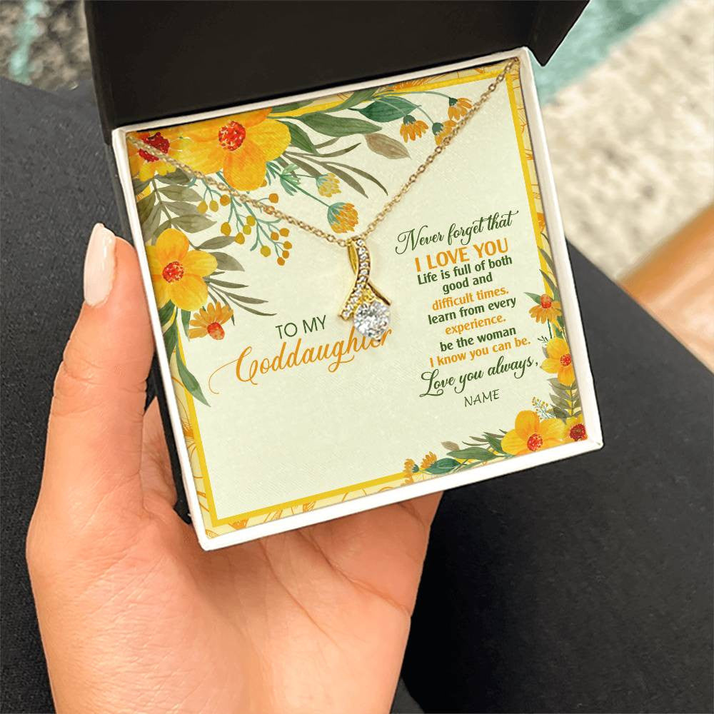 Alluring Beauty Necklace 18K Yellow Gold Finish | Personalized To My Goddaughter Necklace From Godmother Flower Never Forget That I Love You Goddaughter Birthday Christmas Customized Gift Box Message Card | teecentury
