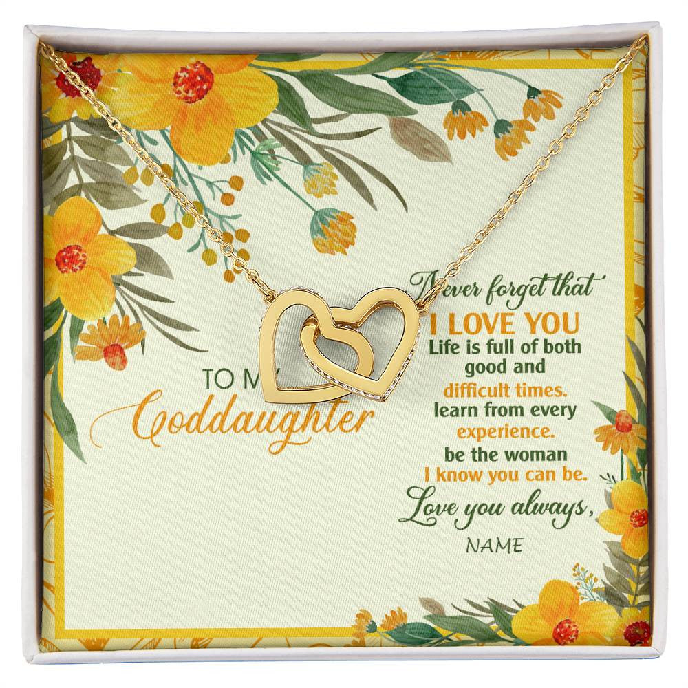 Interlocking Hearts Necklace 18K Yellow Gold Finish | Personalized To My Goddaughter Necklace From Godmother Flower Never Forget That I Love You Goddaughter Birthday Christmas Customized Gift Box Message Card | teecentury
