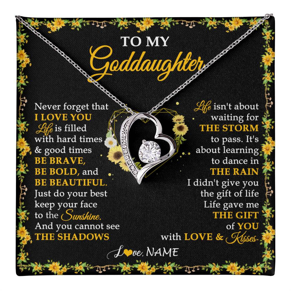 Forever Love Necklace 14K White Gold Finish | 1 | Personalized To My Goddaughter Necklace From Godmother Godfather I Love You Sunflower Goddaughter Birthday Jewelry Christmas Customized Gift Box Message Card | teecentury
