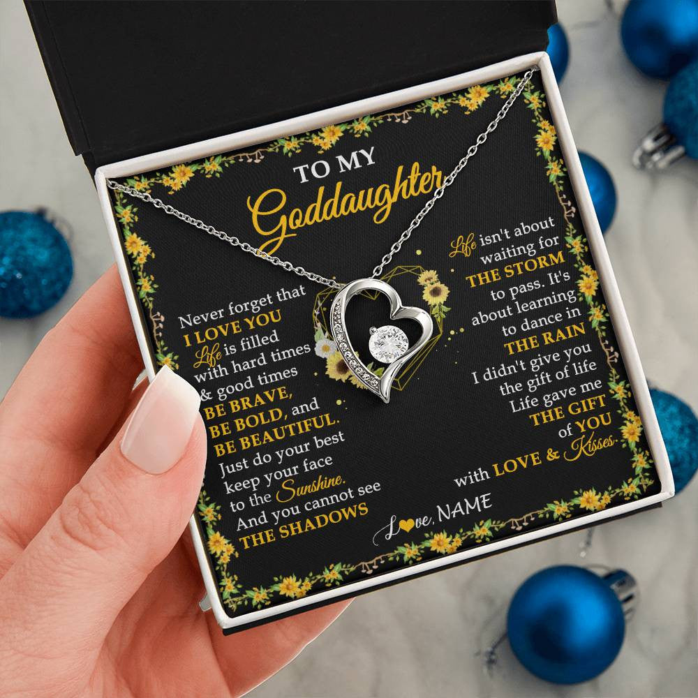 Forever Love Necklace 14K White Gold Finish | 2 | Personalized To My Goddaughter Necklace From Godmother Godfather I Love You Sunflower Goddaughter Birthday Jewelry Christmas Customized Gift Box Message Card | teecentury