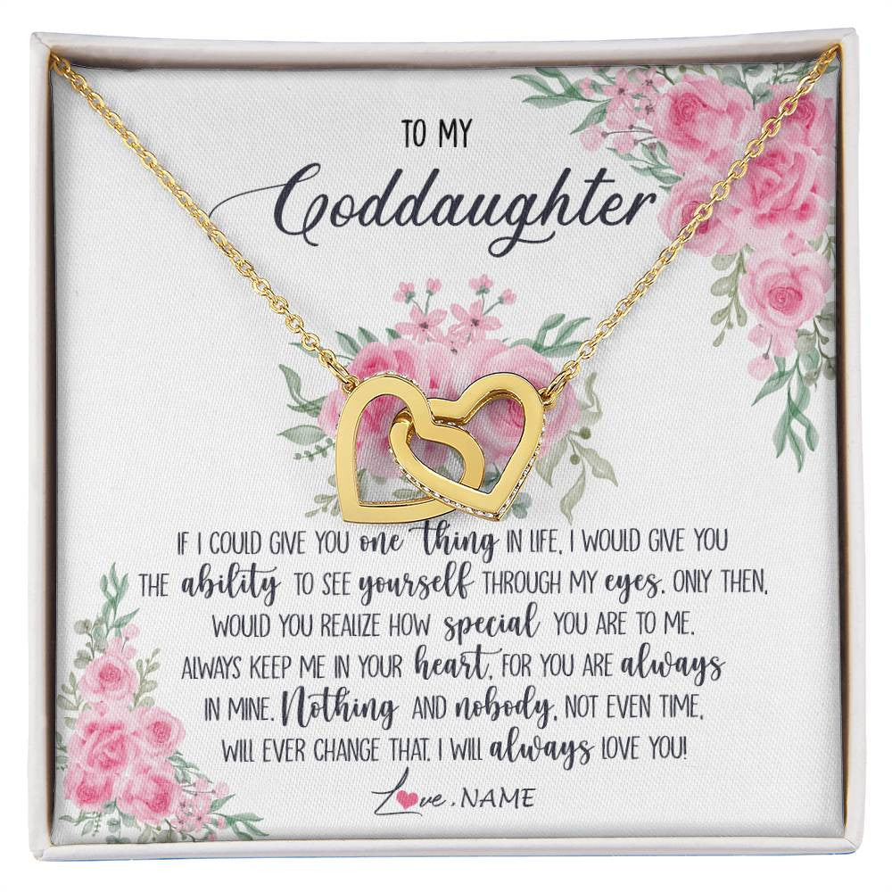 Interlocking Hearts Necklace 18K Yellow Gold Finish | Personalized To My Goddaughter Necklace From Godmother Godfather I Will Always Love You Goddaughter Birthday Christmas Customized Gift Box Message Card | teecentury