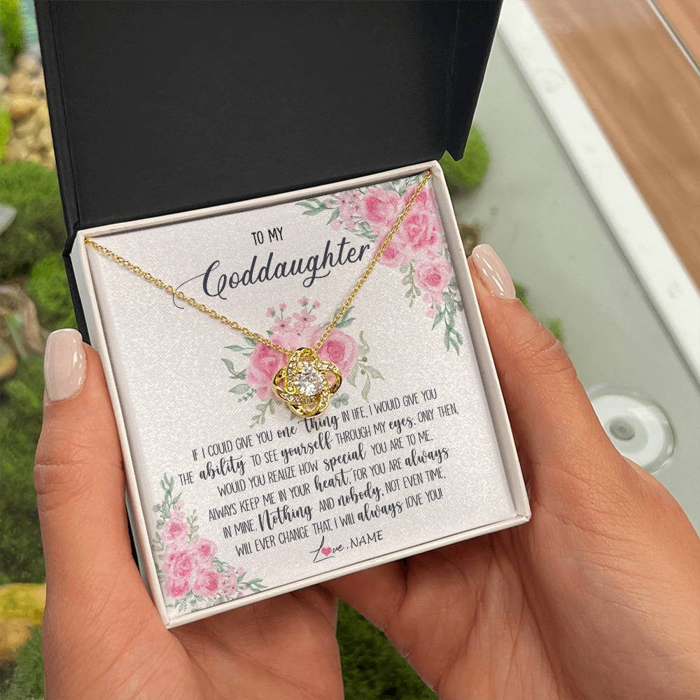 Love Knot Necklace 18K Yellow Gold Finish | Personalized To My Goddaughter Necklace From Godmother Godfather I Will Always Love You Goddaughter Birthday Christmas Customized Gift Box Message Card | teecentury
