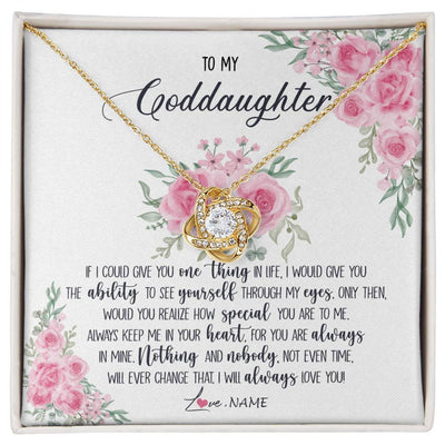 Love Knot Necklace 18K Yellow Gold Finish | Personalized To My Goddaughter Necklace From Godmother Godfather I Will Always Love You Goddaughter Birthday Christmas Customized Gift Box Message Card | teecentury