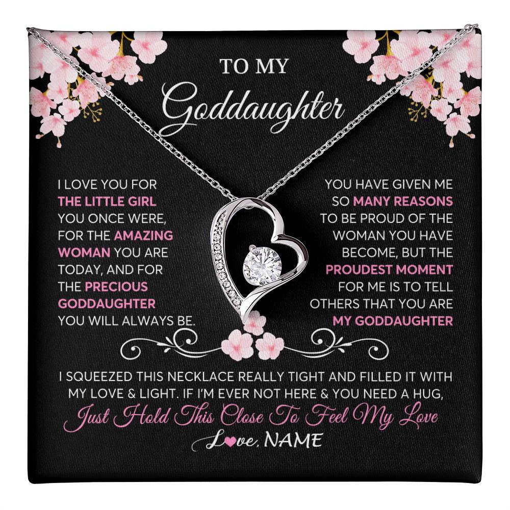 Forever Love Necklace 14K White Gold Finish | 1 | Personalized To My Goddaughter Necklace From Godmother Godfather Love You Little Girl Goddaughter Birthday Jewelry Christmas Customized Gift Box Message Card | teecentury