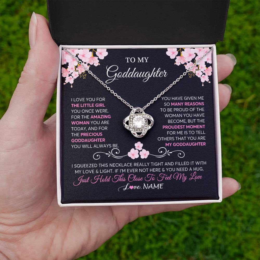 Love Knot Necklace 14K White Gold Finish | 2 | Personalized To My Goddaughter Necklace From Godmother Godfather Love You Little Girl Goddaughter Birthday Jewelry Christmas Customized Gift Box Message Card | teecentury