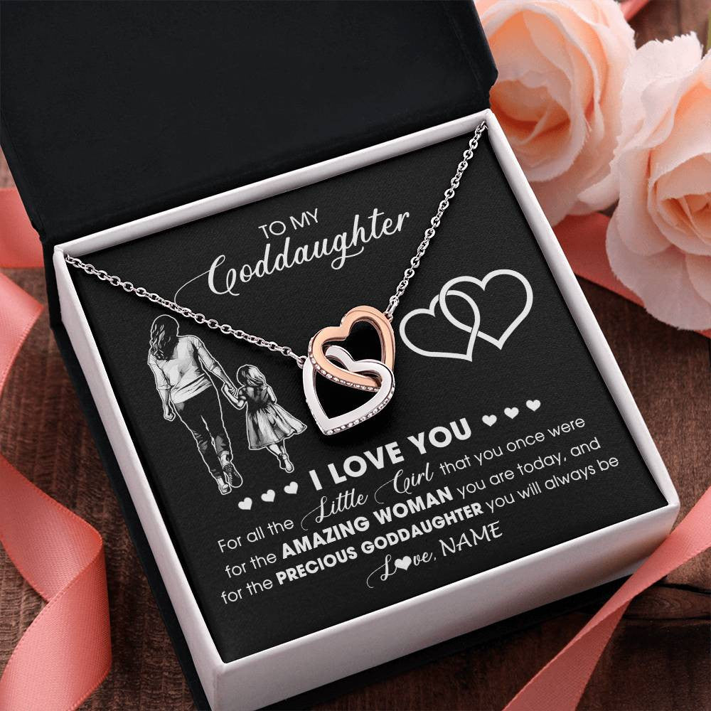 Interlocking Hearts Necklace Stainless Steel & Rose Gold Finish | 2 | Personalized To My Goddaughter Necklace From Godmother I Love You Little Girl Goddaughter Birthday Christmas Jewelry Customized Gift Box Message Card | teecentury