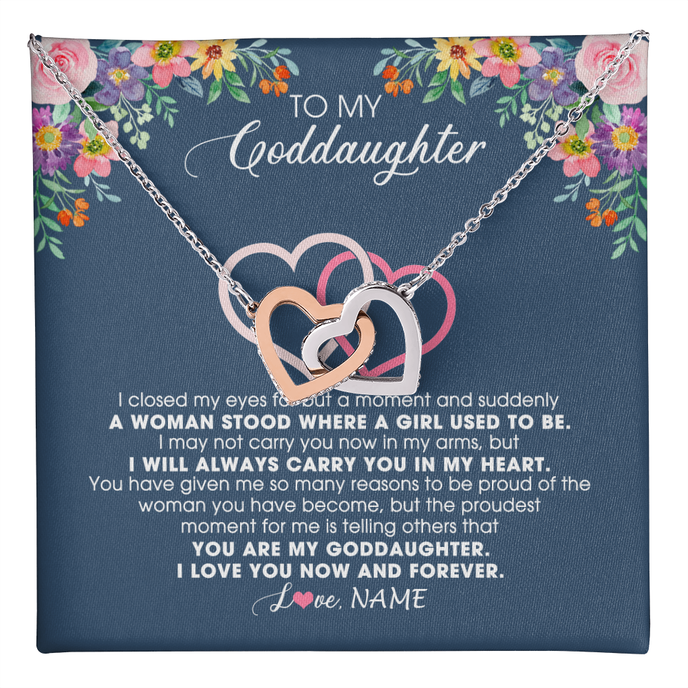 Interlocking Hearts Necklace Stainless Steel & Rose Gold Finish | 1 | Personalized To My Goddaughter Necklace From Godmother I Love You Now And Forever Jewelry For Goddaughter Birthday Graduation Christmas Customized Message Card | teecentury