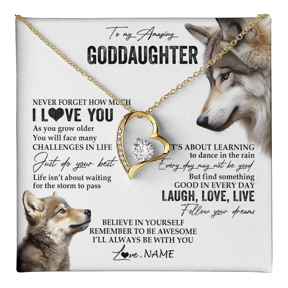 Forever Love Necklace 18K Yellow Gold Finish | 1 | Personalized To My Goddaughter Necklace From Godmother Just Do You Best Laugh Love Live Wolf Goddaughter Birthday Christmas Customized Gift Box Message Card | teecentury