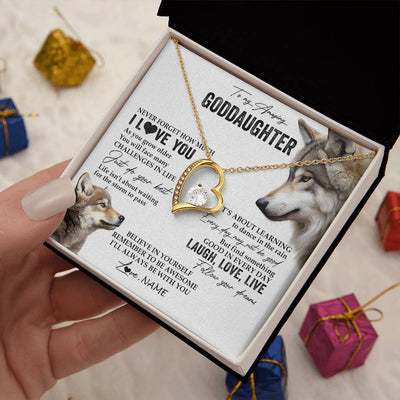 Forever Love Necklace 18K Yellow Gold Finish | 2 | Personalized To My Goddaughter Necklace From Godmother Just Do You Best Laugh Love Live Wolf Goddaughter Birthday Christmas Customized Gift Box Message Card | teecentury