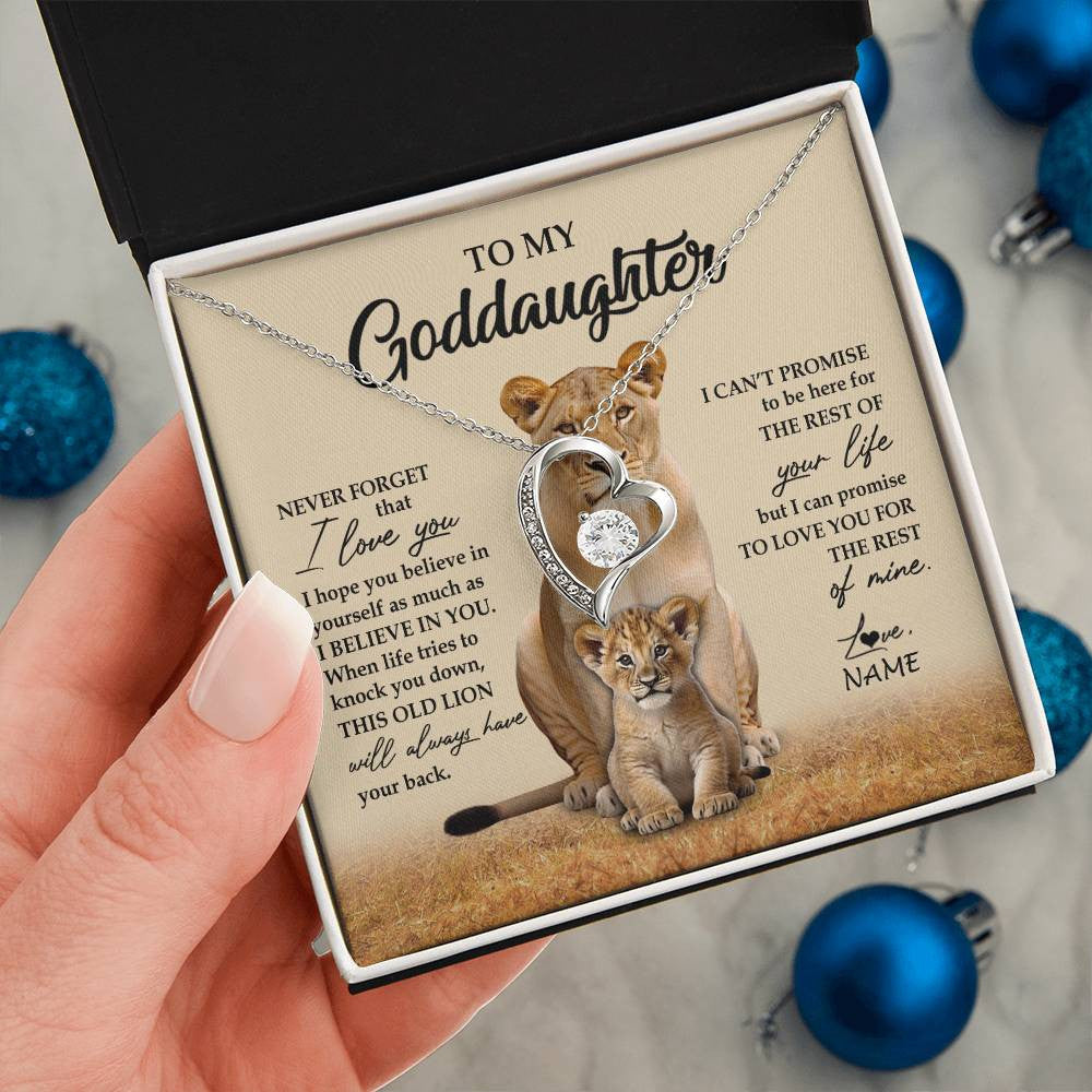 Forever Love Necklace 14K White Gold Finish | 2 | Personalized To My Goddaughter Necklace From Godmother Lion Never Forget That I Love You Goddaughter Jewelry Birthday Graduation Christmas Customized Message Card | teecentury