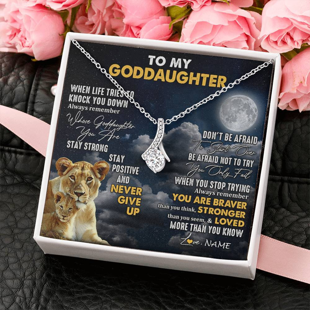 Alluring Beauty Necklace 14K White Gold Finish | 2 | Personalized To My Goddaughter Necklace From Godmother Lion Never Give Up Goddaughter Birthday Graduation Christmas Jewelry Customized Gift Box Message Card | teecentury