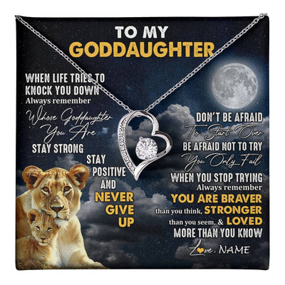 Forever Love Necklace 14K White Gold Finish | 1 | Personalized To My Goddaughter Necklace From Godmother Lion Never Give Up Goddaughter Birthday Graduation Christmas Jewelry Customized Gift Box Message Card | teecentury