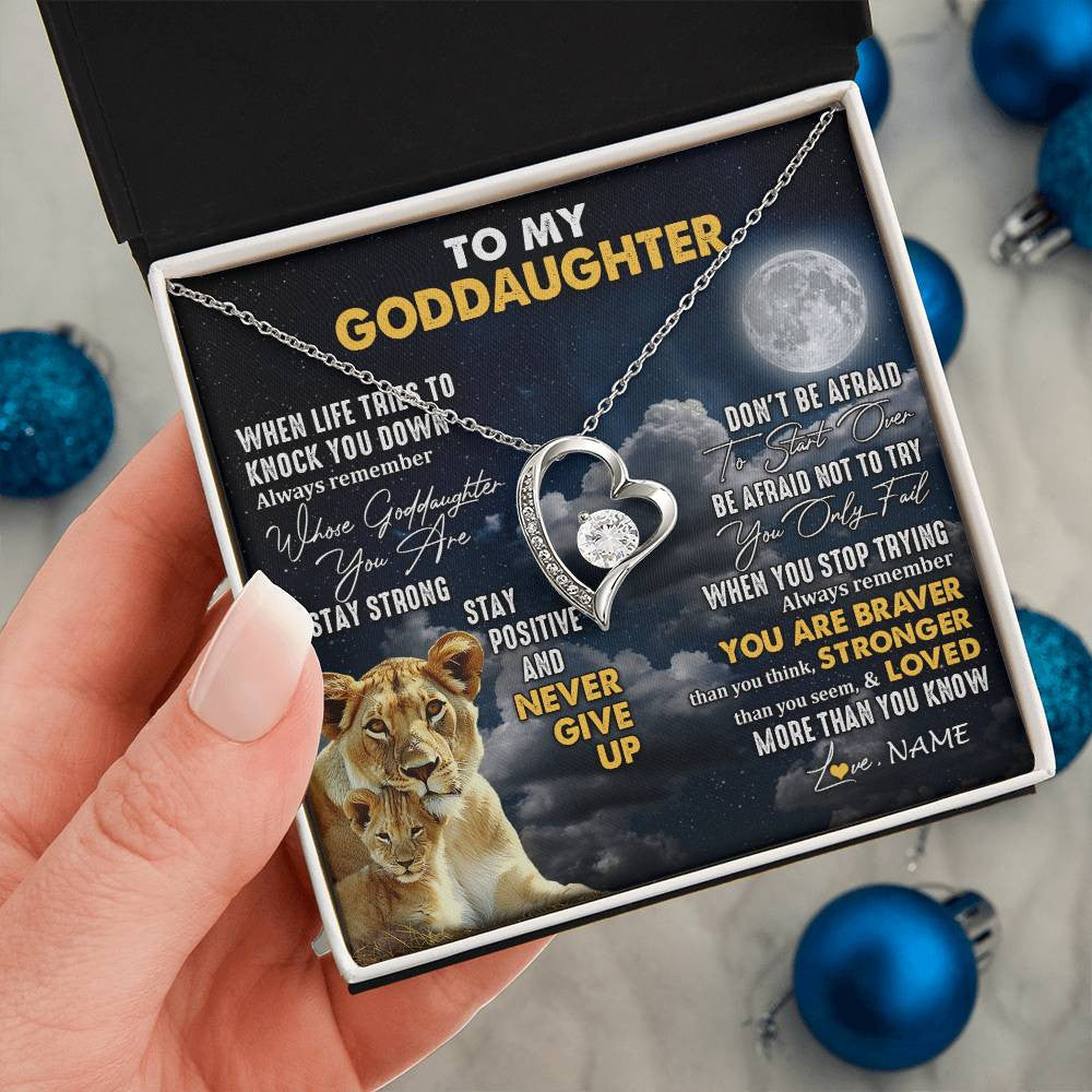 Forever Love Necklace 14K White Gold Finish | 2 | Personalized To My Goddaughter Necklace From Godmother Lion Never Give Up Goddaughter Birthday Graduation Christmas Jewelry Customized Gift Box Message Card | teecentury