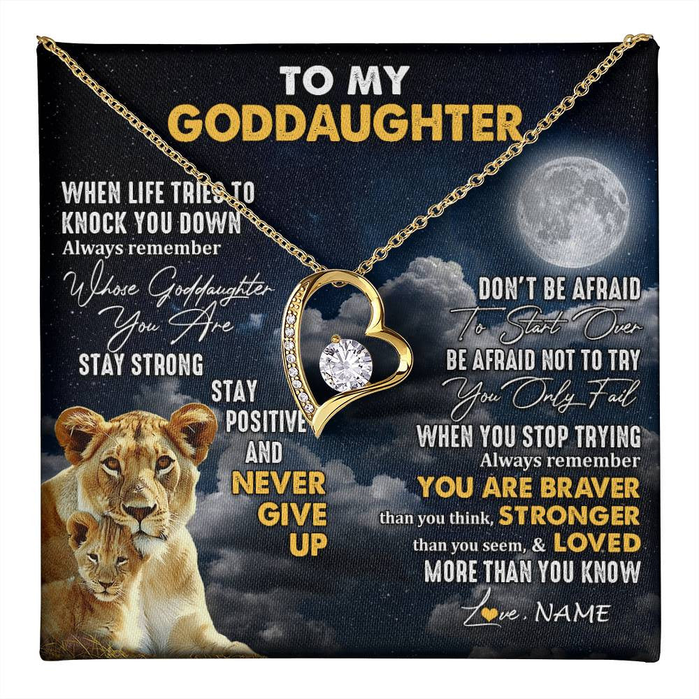 Forever Love Necklace 18K Yellow Gold Finish | 1 | Personalized To My Goddaughter Necklace From Godmother Lion Never Give Up Goddaughter Birthday Graduation Christmas Jewelry Customized Gift Box Message Card | teecentury