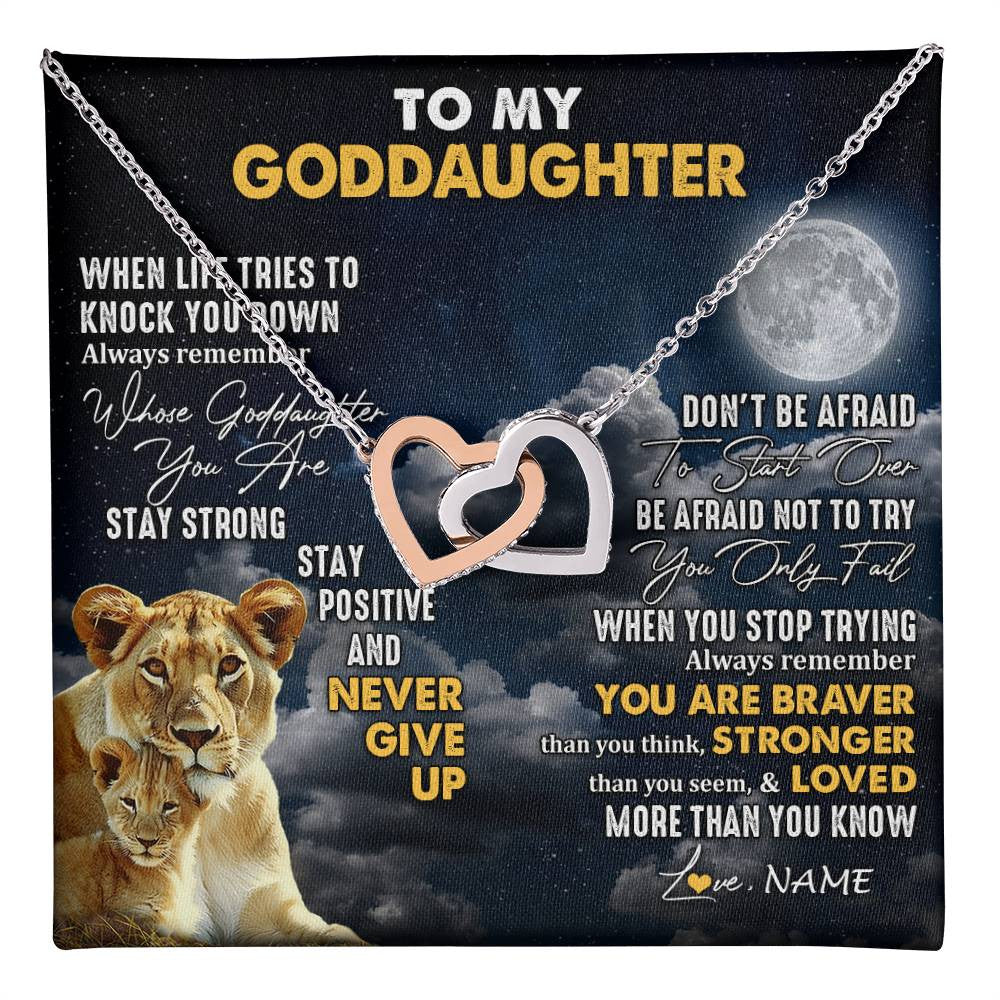 Interlocking Hearts Necklace Stainless Steel & Rose Gold Finish | 1 | Personalized To My Goddaughter Necklace From Godmother Lion Never Give Up Goddaughter Birthday Graduation Christmas Jewelry Customized Gift Box Message Card | teecentury