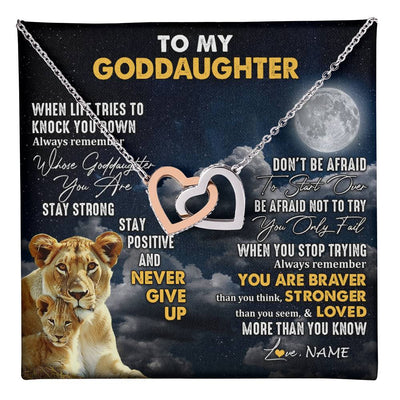 Interlocking Hearts Necklace Stainless Steel & Rose Gold Finish | 1 | Personalized To My Goddaughter Necklace From Godmother Lion Never Give Up Goddaughter Birthday Graduation Christmas Jewelry Customized Gift Box Message Card | teecentury