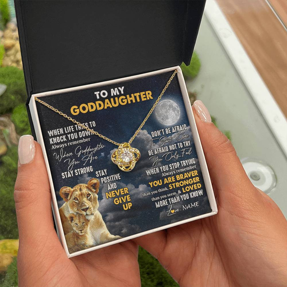 Love Knot Necklace 18K Yellow Gold Finish | 2 | Personalized To My Goddaughter Necklace From Godmother Lion Never Give Up Goddaughter Birthday Graduation Christmas Jewelry Customized Gift Box Message Card | teecentury