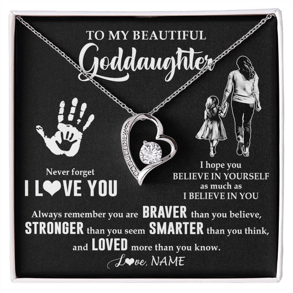 Forever Love Necklace 14K White Gold Finish | 1 | Personalized To My Goddaughter Necklace From Godmother Never Forget I Love You Goddaughter Birthday Christmas Graduation Customized Gift Box Message Card | teecentury