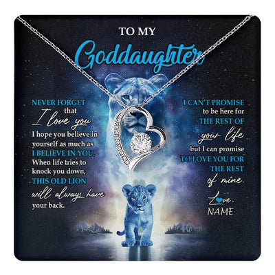 Forever Love Necklace 14K White Gold Finish | 1 | Personalized To My Goddaughter Necklace From Godmother Never Forget I Love You Lion Goddaughter Jewelry Birthday Graduation Christmas Customized Message Card | teecentury
