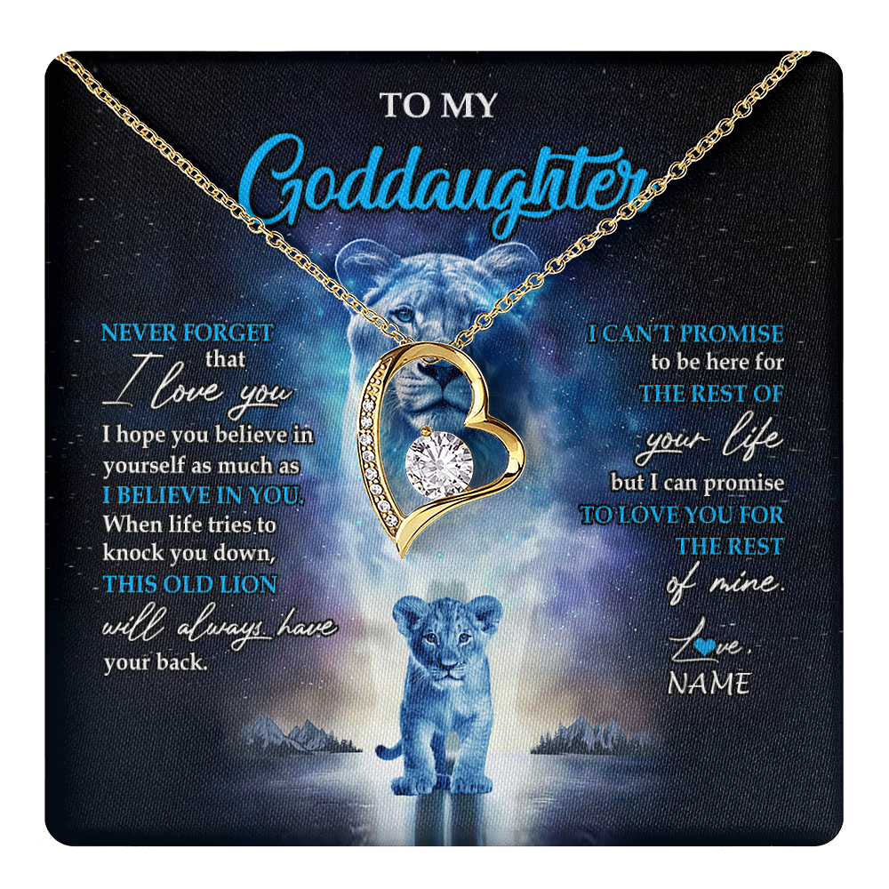 Forever Love Necklace 18K Yellow Gold Finish | 1 | Personalized To My Goddaughter Necklace From Godmother Never Forget I Love You Lion Goddaughter Jewelry Birthday Graduation Christmas Customized Message Card | teecentury