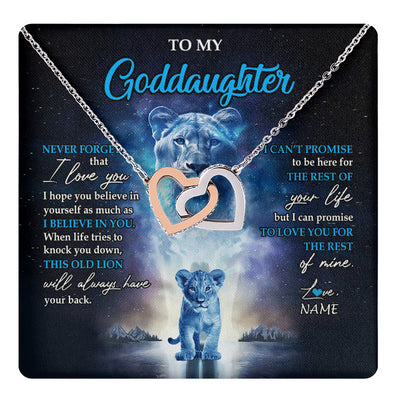 Interlocking Hearts Necklace Stainless Steel & Rose Gold Finish | 1 | Personalized To My Goddaughter Necklace From Godmother Never Forget I Love You Lion Goddaughter Jewelry Birthday Graduation Christmas Customized Message Card | teecentury