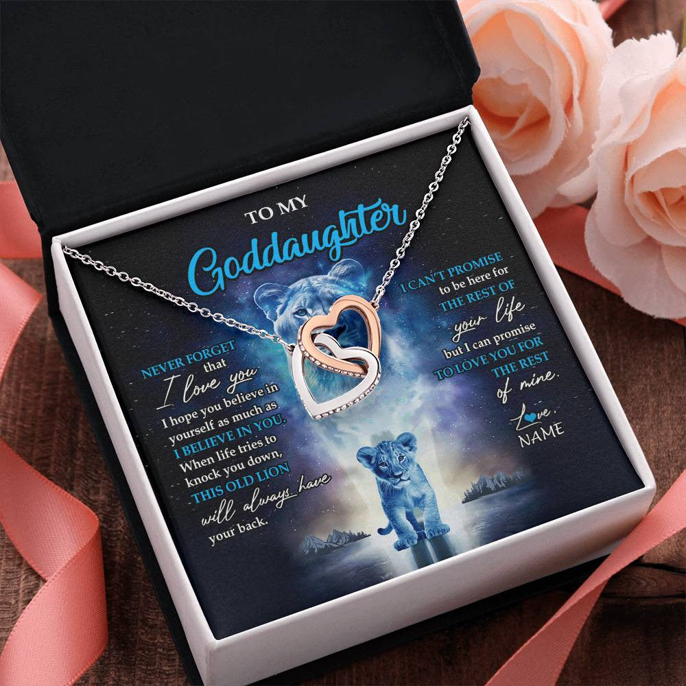Interlocking Hearts Necklace Stainless Steel & Rose Gold Finish | 2 | Personalized To My Goddaughter Necklace From Godmother Never Forget I Love You Lion Goddaughter Jewelry Birthday Graduation Christmas Customized Message Card | teecentury