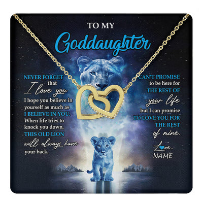 Interlocking Hearts Necklace 18K Yellow Gold Finish | 1 | Personalized To My Goddaughter Necklace From Godmother Never Forget I Love You Lion Goddaughter Jewelry Birthday Graduation Christmas Customized Message Card | teecentury