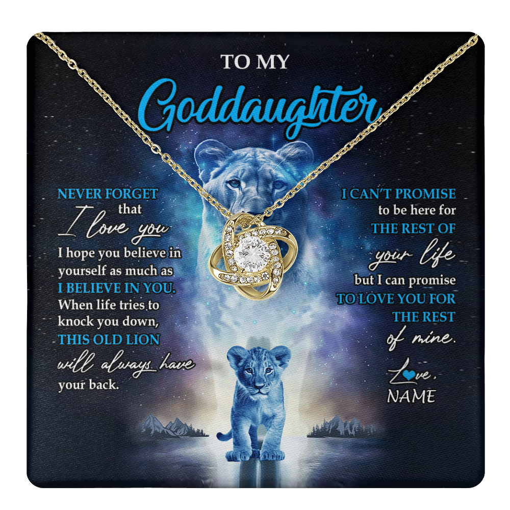 Love Knot Necklace 18K Yellow Gold Finish | 1 | Personalized To My Goddaughter Necklace From Godmother Never Forget I Love You Lion Goddaughter Jewelry Birthday Graduation Christmas Customized Message Card | teecentury