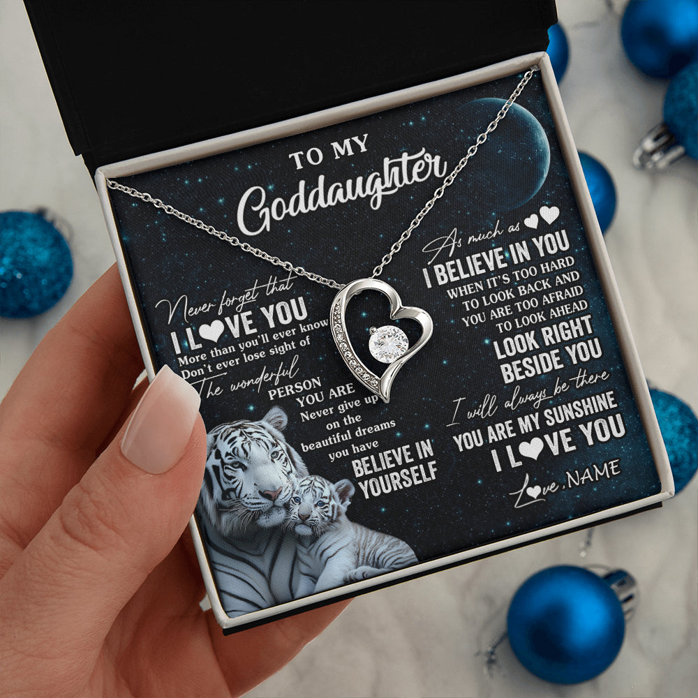Forever Love Necklace 14K White Gold Finish | 2 | Personalized To My Goddaughter Necklace From Godmother Never Forget I Love You White Tiger Goddaughter Birthday Christmas Customized Gift Box Message Card | teecentury