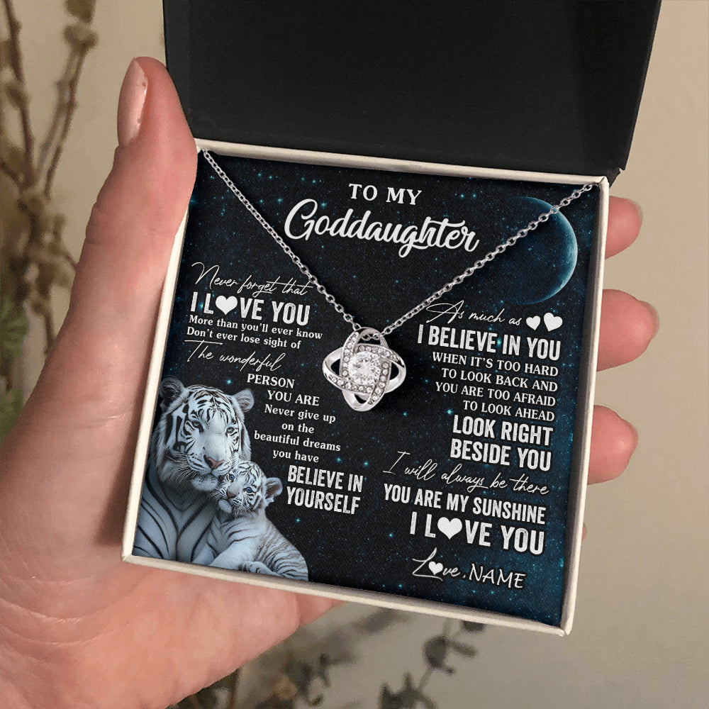 Love Knot Necklace 14K White Gold Finish | 2 | Personalized To My Goddaughter Necklace From Godmother Never Forget I Love You White Tiger Goddaughter Birthday Christmas Customized Gift Box Message Card | teecentury