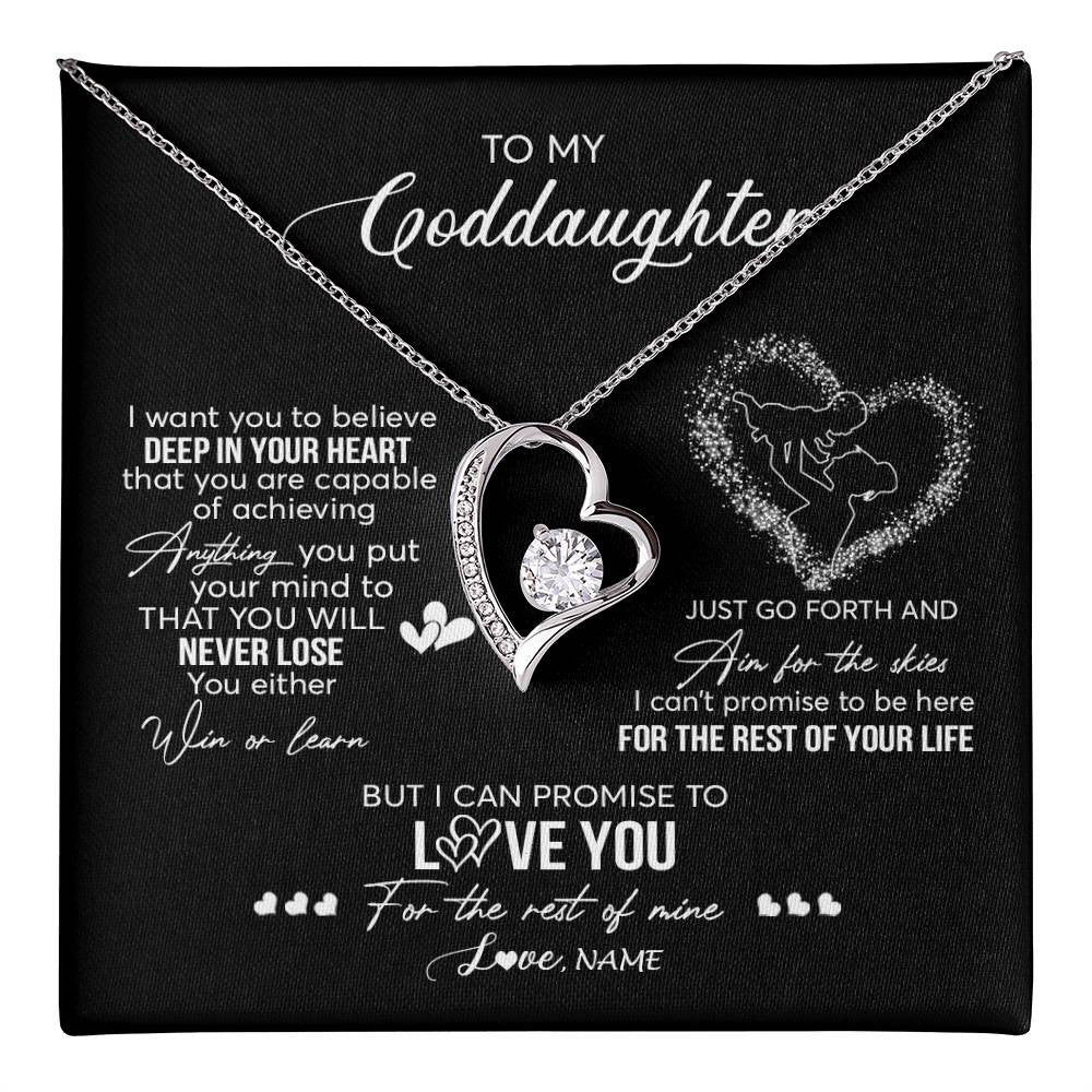 Forever Love Necklace 14K White Gold Finish | 1 | Personalized To My Goddaughter Necklace From Godmother Promise To Love You Goddaughter Birthday Graduation Christmas Pendant Customized Gift Box Message Card | teecentury