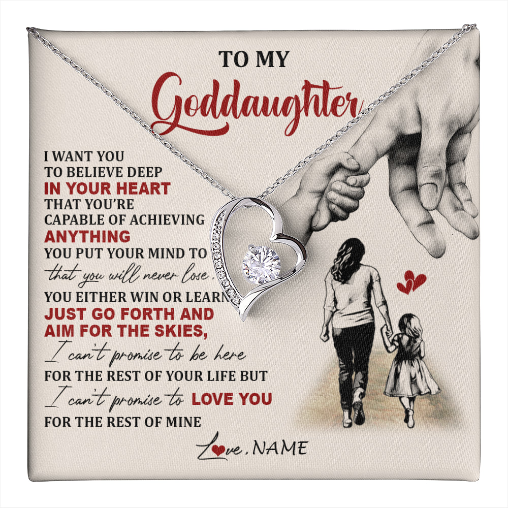 Forever Love Necklace 14K White Gold Finish | 1 | Personalized To My Goddaughter Necklace From Godmother Promise To Love You Goddaughter Birthday Jewelry Graduation Christmas Customized Gift Box Message Card | teecentury