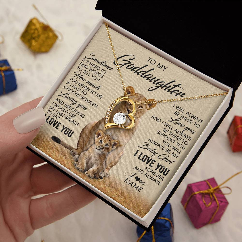 Forever Love Necklace 18K Yellow Gold Finish | 2 | Personalized To My Goddaughter Necklace From Godmother Sometimes It's Hard Lion Goddaughter Gift Birthday Jewelry Christmas Customized Gift Box Message Card | teecentury
