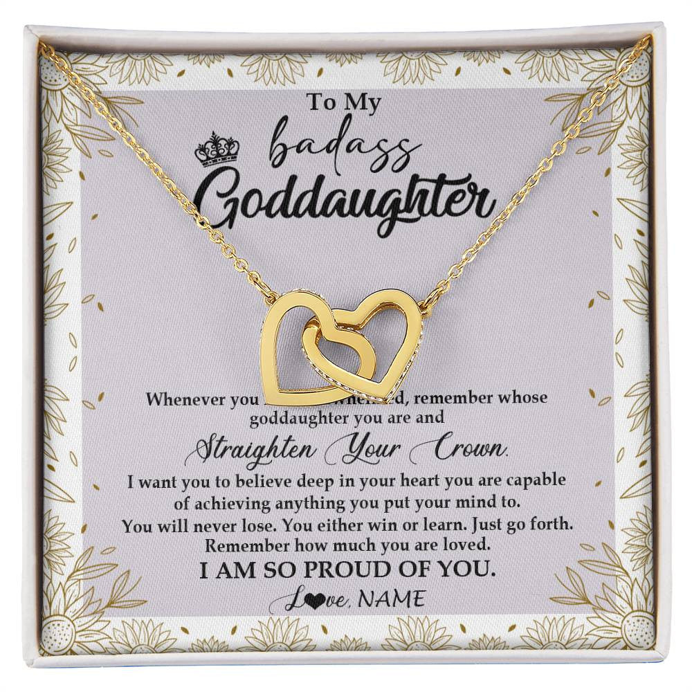Interlocking Hearts Necklace 18K Yellow Gold Finish | Personalized To My Goddaughter Necklace From Godmother Straighten Your Crown Goddaughter Birthday Graduation Christmas Jewelry Customized Gift Box Message Card | teecentury