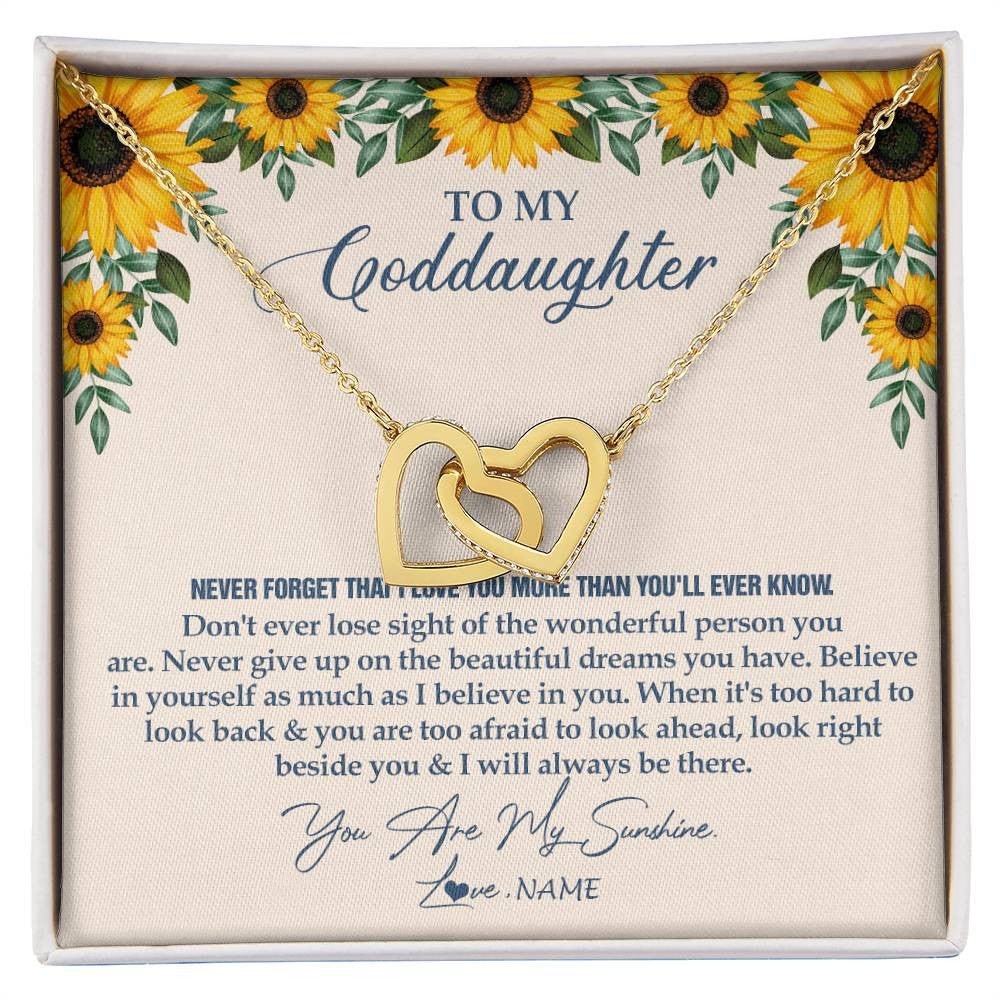 Interlocking Hearts Necklace 18K Yellow Gold Finish | Personalized To My Goddaughter Necklace From Godmother Sunflower You Are My Sunshine Goddaughter Jewelry Graduation Birthday Customized Gift Box Message Card | teecentury