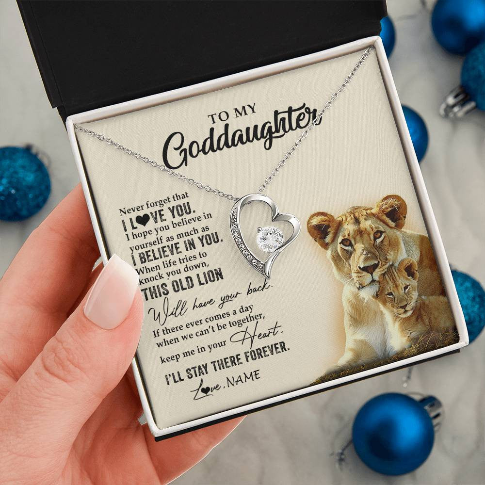 Forever Love Necklace 14K White Gold Finish | 2 | Personalized To My Goddaughter Necklace From Godmother This Old Lion Never Forget I Love You Jewelry Birthday Christmas Customized Gift Box Message Card | teecentury