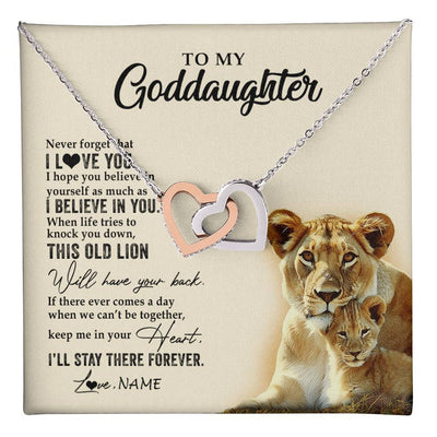 Interlocking Hearts Necklace Stainless Steel & Rose Gold Finish | 1 | Personalized To My Goddaughter Necklace From Godmother This Old Lion Never Forget I Love You Jewelry Birthday Christmas Customized Gift Box Message Card | teecentury