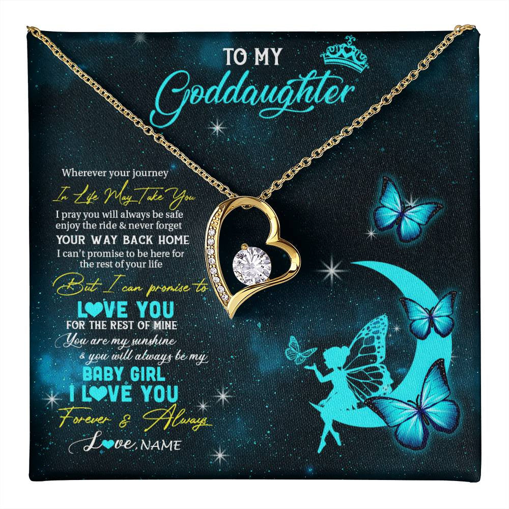 Forever Love Necklace 18K Yellow Gold Finish | 1 | Personalized To My Goddaughter Necklace From Godmother Uncle Fairy Silhouette Fantasy Moon Goddaughter Birthday Christmas Customized Gift Box Message Card | teecentury