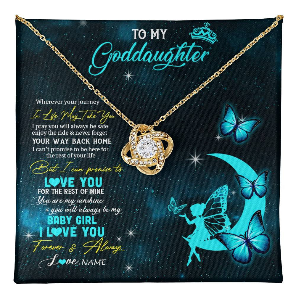 Love Knot Necklace 18K Yellow Gold Finish | 1 | Personalized To My Goddaughter Necklace From Godmother Uncle Fairy Silhouette Fantasy Moon Goddaughter Birthday Christmas Customized Gift Box Message Card | teecentury