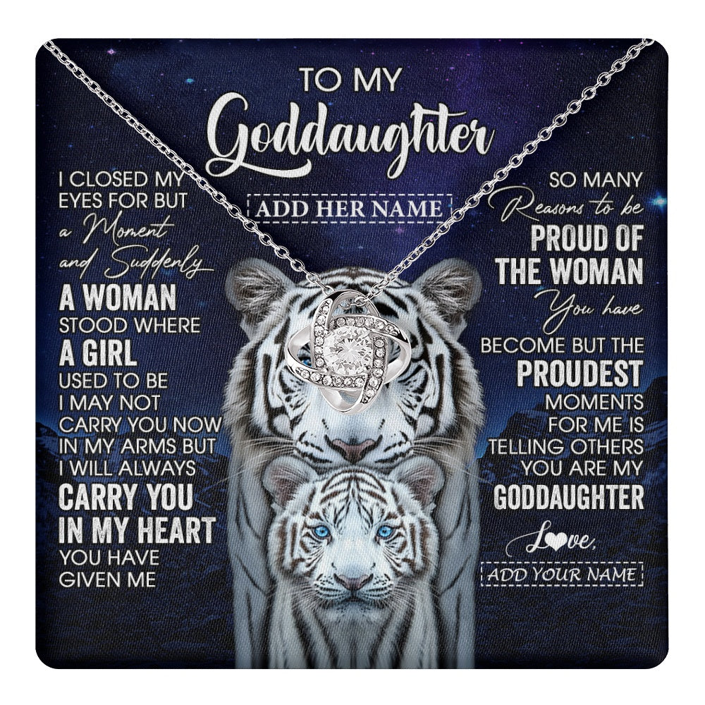 Love Knot Necklace 14K White Gold Finish | 1 | Personalized To My Goddaughter Necklace From Godmother Uncle I Close My Eyes White Tiger Goddaughter Birthday Gift Christmas Gift Box Message Card | https://teecentury.