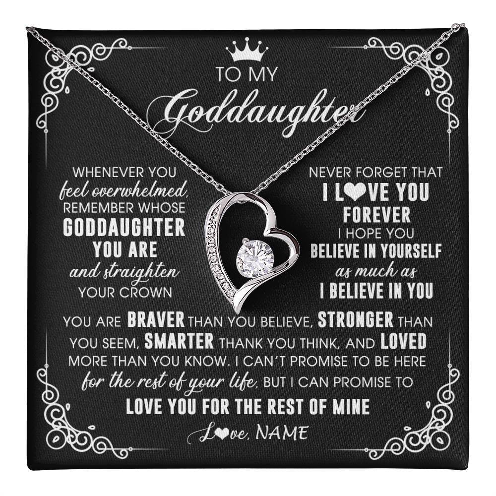 Forever Love Necklace 14K White Gold Finish | 1 | Personalized To My Goddaughter Necklace From Godmother Uncle Inspirational Strength Goddaughter Birthday Jewelry Christmas Customized Gift Box Message Card | teecentury