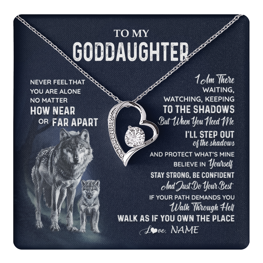 Forever Love Necklace 14K White Gold Finish | 1 | Personalized To My Goddaughter Necklace From Godmother Uncle Never Feel You Are Alone Wolf Goddaughter Birthday Christmas Customized Gift Box Message Card | teecentury