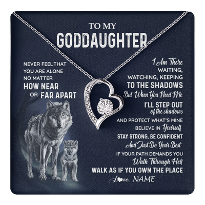 Forever Love Necklace 14K White Gold Finish | 1 | Personalized To My Goddaughter Necklace From Godmother Uncle Never Feel You Are Alone Wolf Goddaughter Birthday Christmas Customized Gift Box Message Card | teecentury