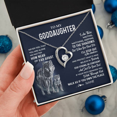 Forever Love Necklace 14K White Gold Finish | 2 | Personalized To My Goddaughter Necklace From Godmother Uncle Never Feel You Are Alone Wolf Goddaughter Birthday Christmas Customized Gift Box Message Card | teecentury