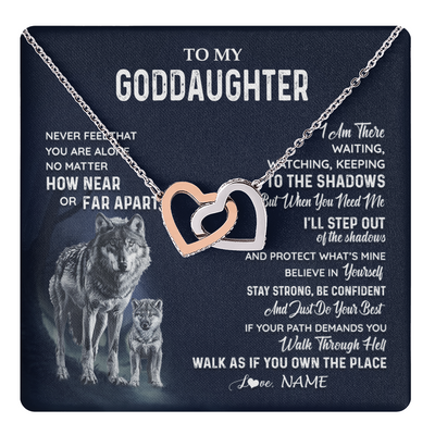 Interlocking Hearts Necklace Stainless Steel & Rose Gold Finish | 1 | Personalized To My Goddaughter Necklace From Godmother Uncle Never Feel You Are Alone Wolf Goddaughter Birthday Christmas Customized Gift Box Message Card | teecentury