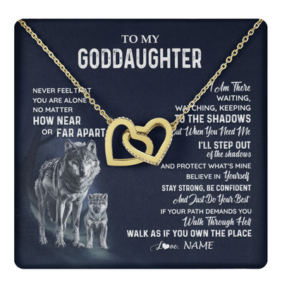 Interlocking Hearts Necklace 18K Yellow Gold Finish | 1 | Personalized To My Goddaughter Necklace From Godmother Uncle Never Feel You Are Alone Wolf Goddaughter Birthday Christmas Customized Gift Box Message Card | teecentury