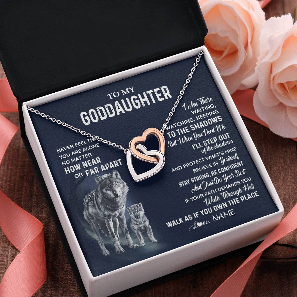Interlocking Hearts Necklace Stainless Steel & Rose Gold Finish | 2 | Personalized To My Goddaughter Necklace From Godmother Uncle Never Feel You Are Alone Wolf Goddaughter Birthday Christmas Customized Gift Box Message Card | teecentury