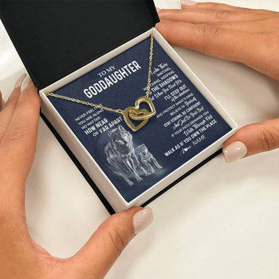 Interlocking Hearts Necklace 18K Yellow Gold Finish | 2 | Personalized To My Goddaughter Necklace From Godmother Uncle Never Feel You Are Alone Wolf Goddaughter Birthday Christmas Customized Gift Box Message Card | teecentury