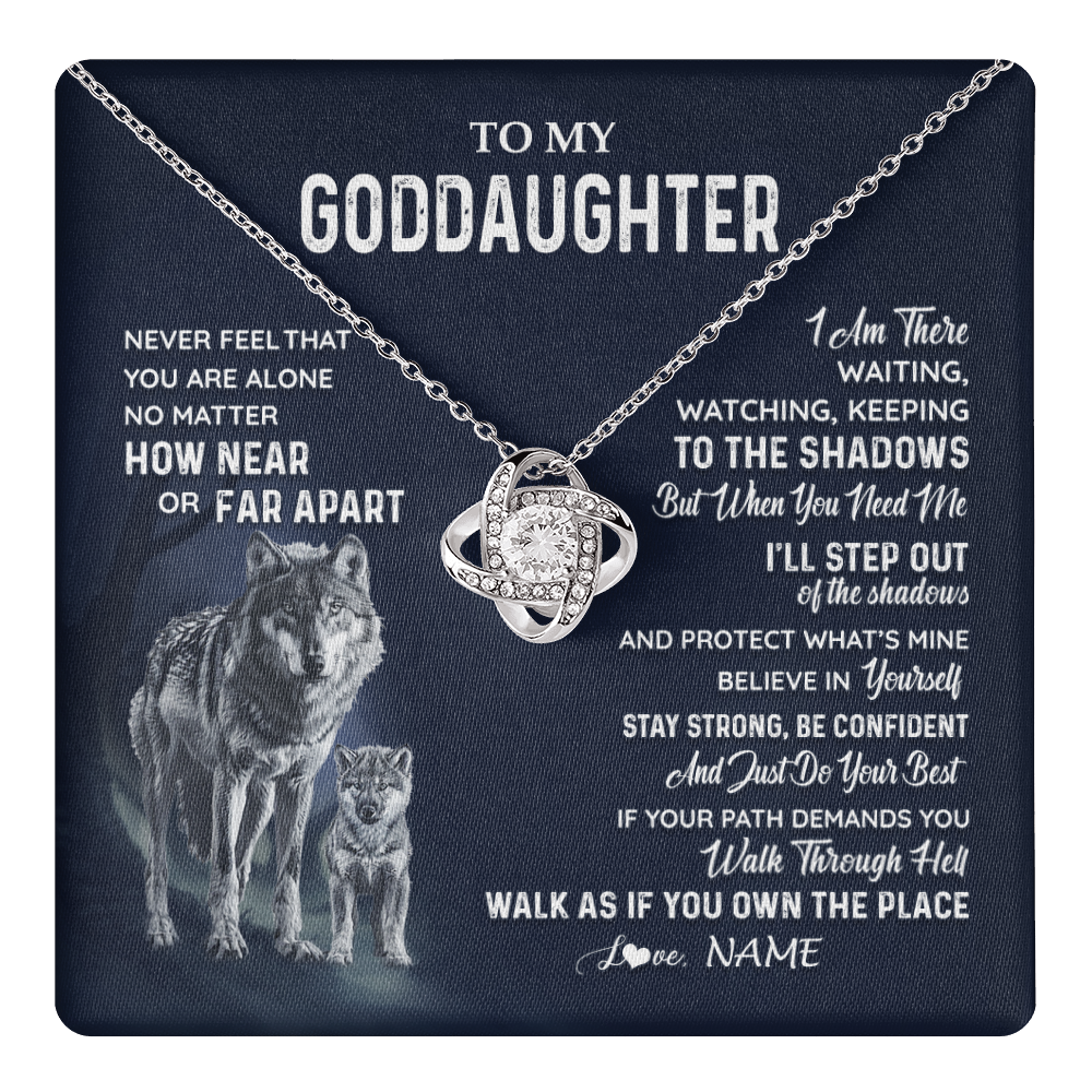 Love Knot Necklace 14K White Gold Finish | 1 | Personalized To My Goddaughter Necklace From Godmother Uncle Never Feel You Are Alone Wolf Goddaughter Birthday Christmas Customized Gift Box Message Card | teecentury